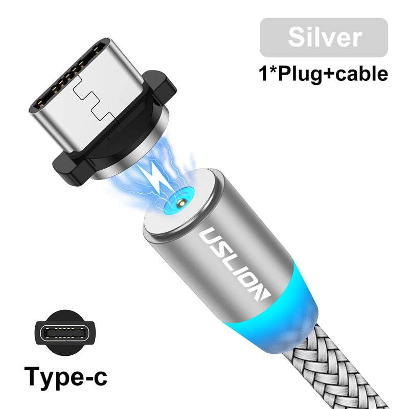 USLION Magnetic USB Cable For iPhone 12 11 Xiaomi Samsung Type C Cable LED Fast Charging