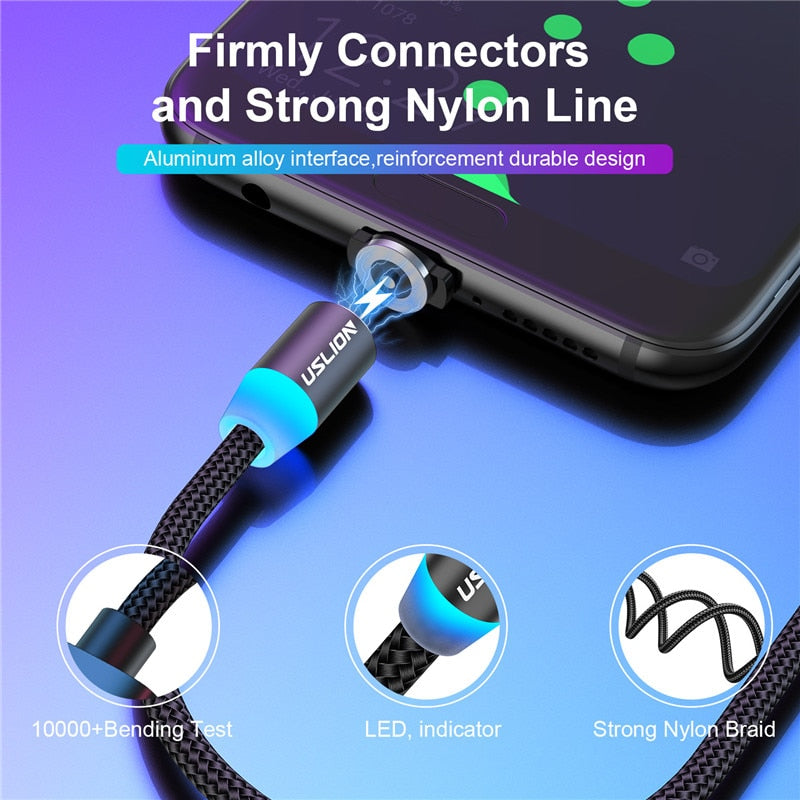 USLION Magnetic USB Cable For iPhone 12 11 Xiaomi Samsung Type C Cable LED Fast Charging