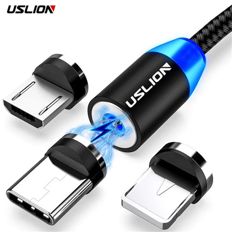 USLION Magnetic USB Cable For iPhone 12 11 Xiaomi Samsung Type C Cable LED Fast Charging